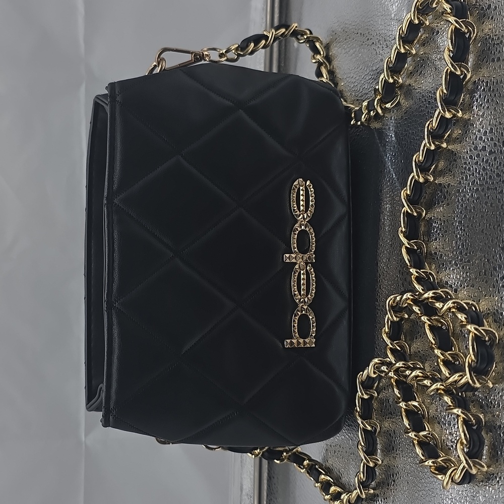 Bebe Black Crossbody Bag Gold Chain Puff Faux Leather Rhinestones Feminine Soft